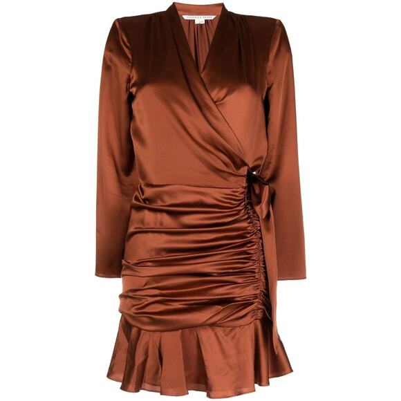 NWT Veronica Beard Agatha Wrap Dress in Cognac Size 2 Brown Silky Satin Ruched - Picture 1 of 16